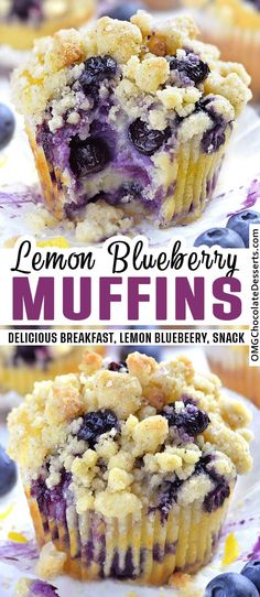 lemon blueberry muffins with crumbled topping on top and the words lemon blueberry muffins below