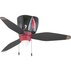 a red and black ceiling fan with shark teeth on it