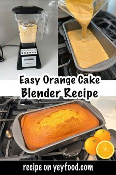 an orange cake is being made in a blender and then baked into a loaf