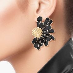 Studs Black Half Daisy Flower Earrings for Women Flower Shaped Clip-on Earrings For Evening, Black Metal Flower Jewelry, Black Flower-shaped Metal Jewelry, Black Clip-on Drop Earrings, Black Flower Shaped Earrings For Gift, Black Flower-shaped Earrings For Gift, Black Flower Earrings As Gift, Elegant Black Flower-shaped Earrings, Stud Earrings Gold