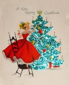 an old fashioned christmas card with a woman sitting in front of a tree