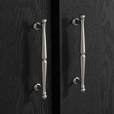 two metal handles on black wood doors