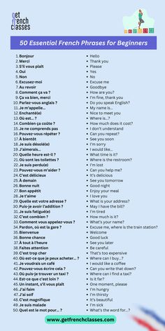 A guide to 50 essential French phrases for beginners, covering greetings, questions, and everyday expressions. French Words With Meaning, Speaking French, French Classes, French Speaking, French Course, Basic French