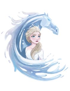 a drawing of a girl with long hair and a horse's head in the water