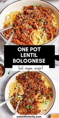 one pot lentil bolognesee in a white bowl with spoons