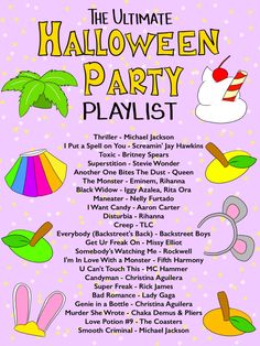 the ultimate halloween party playlist is shown in this purple and pink poster with an image of