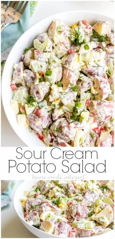 a bowl filled with potato salad next to another bowl full of potatoes and other vegetables