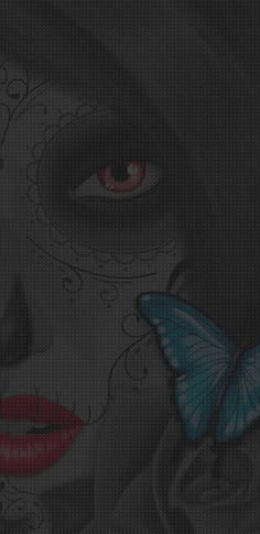 a woman's face with a blue butterfly on her nose and the image of a skull