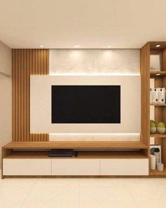 a modern living room with white walls and wooden shelves on the wall, along with a flat screen tv