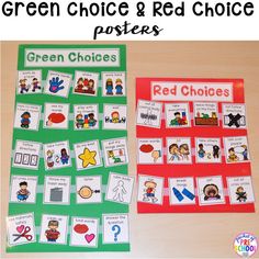 green choice and red choice posters on a wooden table with text overlay that reads, green choice & red choice posters