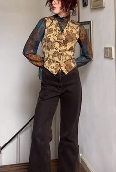 Random Fashion Aesthetic, 70s Suit Aesthetic, Gnc Wedding Outfit, Cold Tone Outfit, Nonbinary Cocktail Attire, Rock Stars Gf Outfits, Outfit Inspo Whimsigoth, Whimsical Masculine Outfit, Patterned Vest Outfit