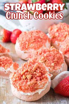 strawberry crumby crunch cookies with strawberries in the background