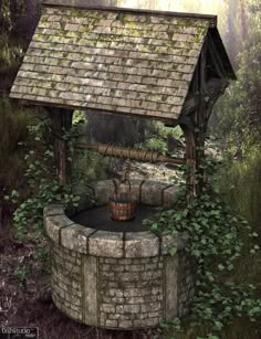 an artistic rendering of a well in the woods