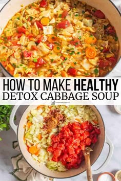 Detox cabbage soup with cabbage, turmeric, warming spices, garlic, veggies and fresh ginger. Vegan, gluten free, healthy cabbage soup recipe! Detox Cabbage Soup, Garlic Veggies, Salad Combinations, Soup With Cabbage, Healthy Cabbage Soup, Healthy Cabbage, Cabbage Soup Diet Recipe, Cabbage Soup Recipe, Detox Soup Cabbage