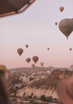 many hot air balloons flying in the sky