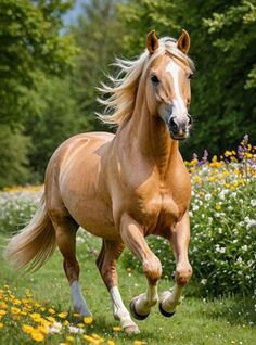 a brown horse running through a field full of flowers