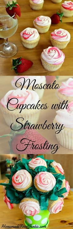 cupcakes with strawberry frosting and fresh strawberries