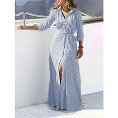 Season:Summer,Spring,Autumn,Fall; Fabric:Linen; Sleeve Length:Long Sleeve; Look After Me:Machine wash; Gender:Women's; Style:Casual,Classic; Elasticity:Micro-elastic; Occasion:Daily,Vacation,Outdoor; Details:Belt Included; Fit Type:Loose Fit; Dresses Type:Casual Dress,Shirt Dress,A Line Dress; Pattern:Striped; Design:Knotted,High Split,Button; Neckline:Shirt Collar; Front page:FF; Listing Date:04/11/2023; Production mode:External procurement; 2024 Trends:2023; Bust:; Length:; Shoulder Width:; Sleeve:; Waist:; Special selected products:Clearance; Fit US Size:; Fit UK Size:; Fit EU Size:; Dress Length Type:Maxi long Dress; Fabric2:Cotton linen Look Boho Chic, Long Dresses Elegant, Laced Up Shirt, Collared Shirt Dress, Maxi Shirts, Dress Sleeve Styles, Linen Shirt Dress, Women's Robe, Striped Shirt Dress