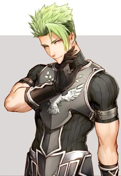 an anime character with green hair and black leather outfit holding his hands on his chest