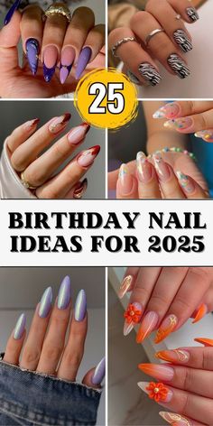 25 Birthday Nail Designs, 29th Birthday Nail Ideas, Summer 2025 Nails, Simple Bday Nails, 25th Birthday Nails, Acrylic Short Nails, Red And Silver Nails