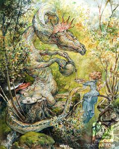 a painting of a woman standing next to a dragon in the woods with another person looking at it