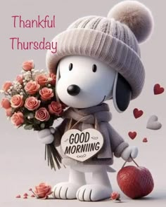 a snoopy dog holding flowers and a sign that says, happy thanksgiving thursday