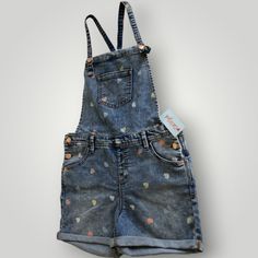 Girls Youth Candy Heart Print Denim Overall Shorts Youth Size 18 Xx-Large New With Tags Playful Denim Blue Bottoms For Spring, Playful Denim Blue Bottoms, Playful Denim Blue Jeans For Summer, Casual Jeans With Pockets For Playtime, Casual Medium Wash Jeans For Playtime, Cute Jeans With Pockets For Playtime, Playful Denim Blue Jeans, Cute Blue Jeans For Playtime, Spring Playtime Denim Blue Jeans