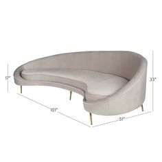 a curved couch with measurements for the seat and back end, in front of a white background