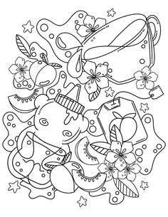 a black and white coloring page with many items