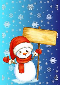 a snowman holding a wooden sign and wearing a red hat, scarf and mittens