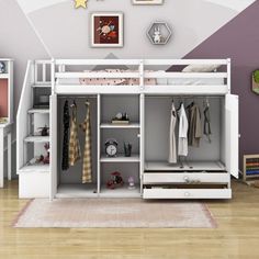 a child's bedroom with a bunk bed, dresser and bookshelf