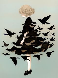 a drawing of a girl surrounded by birds in the air with her back to the camera