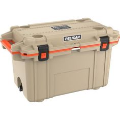 the pelican cooler with wheels is beige and orange