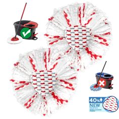 two red and white mop heads with cleaning supplies on the side, one has a bucket