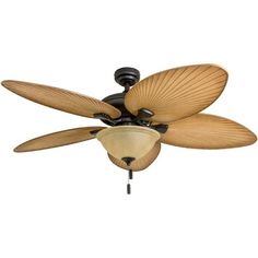 a ceiling fan with two wooden blades on it and a light fixture in the middle