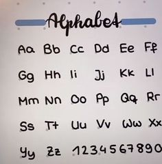 the alphabet is written in black ink on a white paper with blue letters and numbers