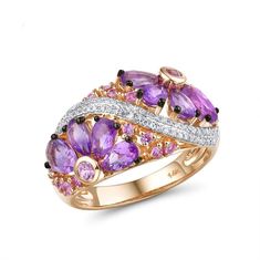 Genuine 14K Rose Gold Ring For Women Shimmering Diamond Fancy Pink Sapphire Amethyst Fantastic Wedding Band Fine Jewelry - jewelrycafee Rose Gold Flower Ring, Dress Reference, Fine Jewelry Rings, Gold Ring For Women, Mystic Topaz Ring, Real Diamond Rings, Gold Flower Ring, Amethyst And Diamond Ring, Gold Beauty