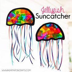 the jellyfish suncather craft is made with tissue paper and glue it's colorful