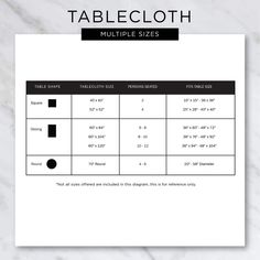 the tablecloth size guide for tables with numbers and measurements on it, in black and white