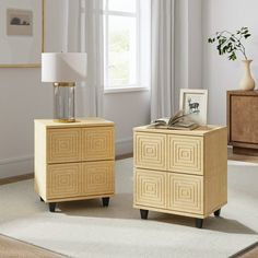 two nightstands sitting next to each other on top of a carpeted floor in front of a window