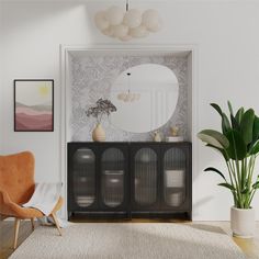 a living room with a large mirror on the wall next to a chair and potted plant