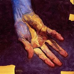 an oil painting of a person's hand with yellow paint on purple and orange background