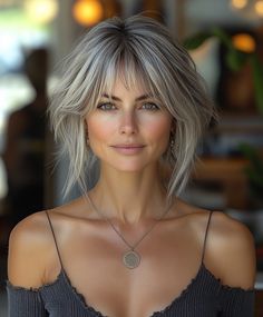 Transform Medium Gray Hair with Hairstyles for Short Necks Shaggy Fringe Bangs, Medium Grey Hair Over 50, Elegant Hairstyles With Bangs, Medium Gray Hair, Silver Hair Anime, Classic Hair Color, Hair Color Silver, Silver Hair Color Ideas