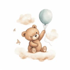 a brown teddy bear flying through the sky with a blue balloon