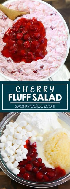 cherry fluff salad with marshmallows and cranberry sauce in a bowl