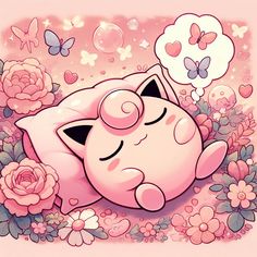 a cartoon cat sleeping on top of a pillow surrounded by pink flowers and butterfly's