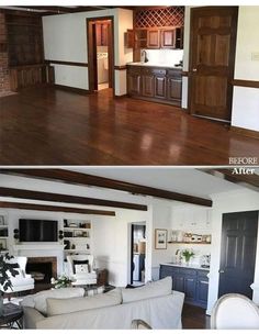 before and after pictures of a living room with wood floors, white walls and black doors