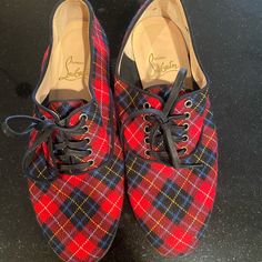 Red Fred Tartan Flannel Christian Louboutins. Super Cute For Fall’ Red Louboutin, Flat Color, Louboutin Shoes, Christian Louboutin Shoes, Flat Shoes Women, Loafer Flats, Tartan, Christian Louboutin, Loafers