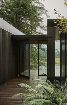 an entrance to a house with wooden floors and walls, surrounded by greenery on both sides