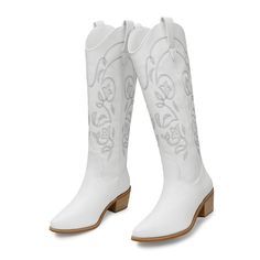 PRICES MAY VARY. 【Knee High Cowgirl Boots Women】These fashion women's embroidered western cowboy boots are made from faux leather. Cowgirl boots for women or ladies are sexy and comfortable. Traditional retro wooden chunky heel to provide stability and support. Botas mexicanas para mujer, botas vaqueras para mujer punta cuadrada, botas vaqueras negras para mujer, thigh high cowboy boots for women, extra wide calf cowgirl boots for women, knee high western boots, floral cowgirl boots. 【Western Bo White Cowboy Boots Woman, White Cowboy Boots Wide Calf, White High Cowboy Boots, What To Wear With White Cowboy Boots Women, White Weatern Boots, White Cowgirl Boots Cheap, Light Brown Cowgirl Boots, Thigh High Cowboy Boots, Knee High Cowgirl Boots